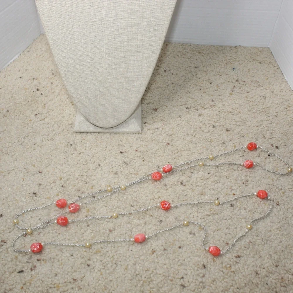 Necklace Long Station Coral Marbled Bead Faux Pearl 66
